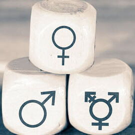 Würfel Gender-Symbole Drei weiße Würfel, auf denen die Gender-Symbole für "männlich", "weiblich" und "transgender" abgebildet sind.