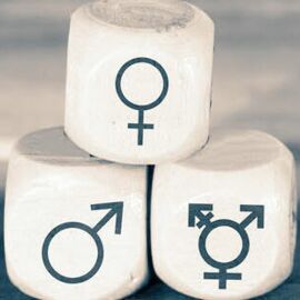 Drei weiße Würfel, auf denen die Gender-Symbole für "männlich", "weiblich" und "transgender" abgebildet sind.